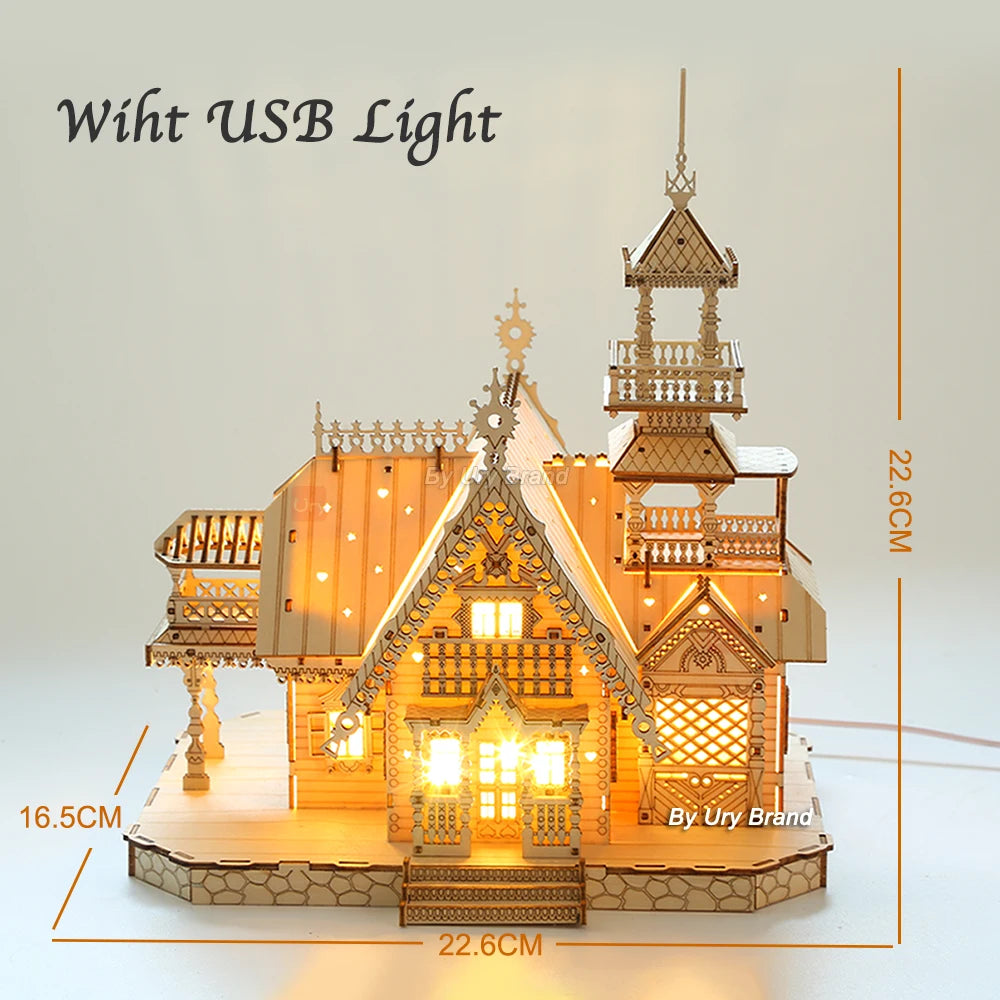 3D Wooden Puzzle-Villa House Royal Castle-Light Assembly-Toy Kid/Adult DIY Model Kits Desk Decoration - My Store