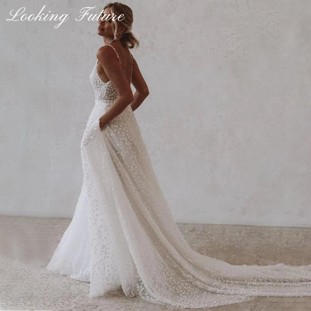 Tulle Wedding Dresse With Pocket-Deep V-Neck Spaghetti Strap Gown-Beach Open Back Sweep Train - My Store