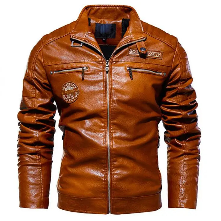 Green Leather Jacket Men-Winter Fleece Motorcycle PU-Bomber Jacket Stand Collar - My Store