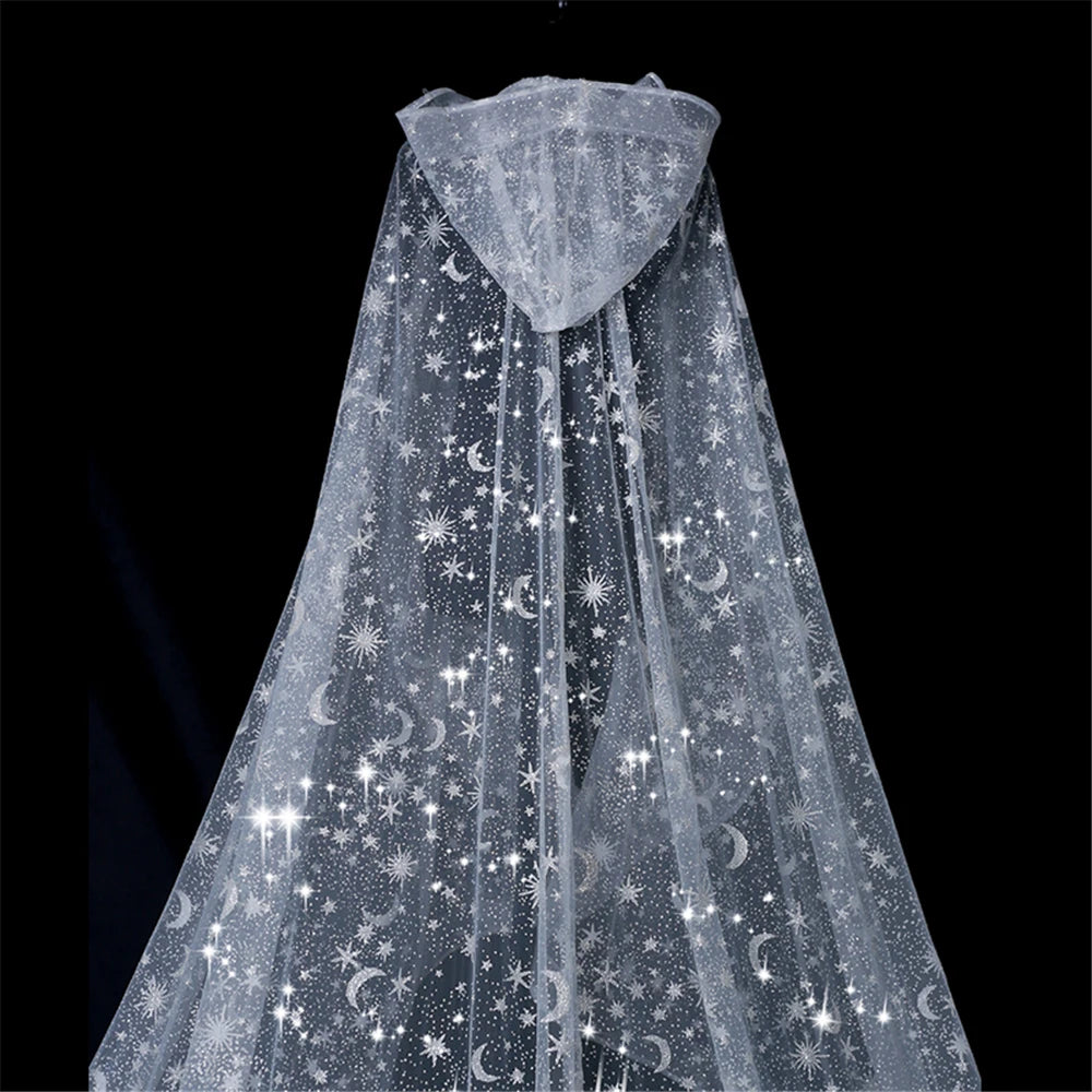 Bridal Veil Wedding Cape-White Sparkly Glittering Stars-Cathedral Sequined Shawl Hooded Veil - My Store