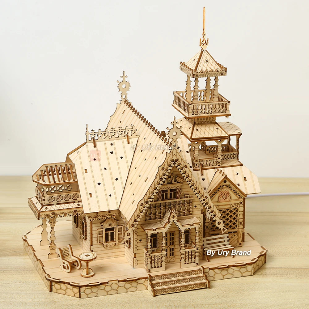 3D Wooden Puzzle-Villa House Royal Castle-Light Assembly-Toy Kid/Adult DIY Model Kits Desk Decoration - My Store