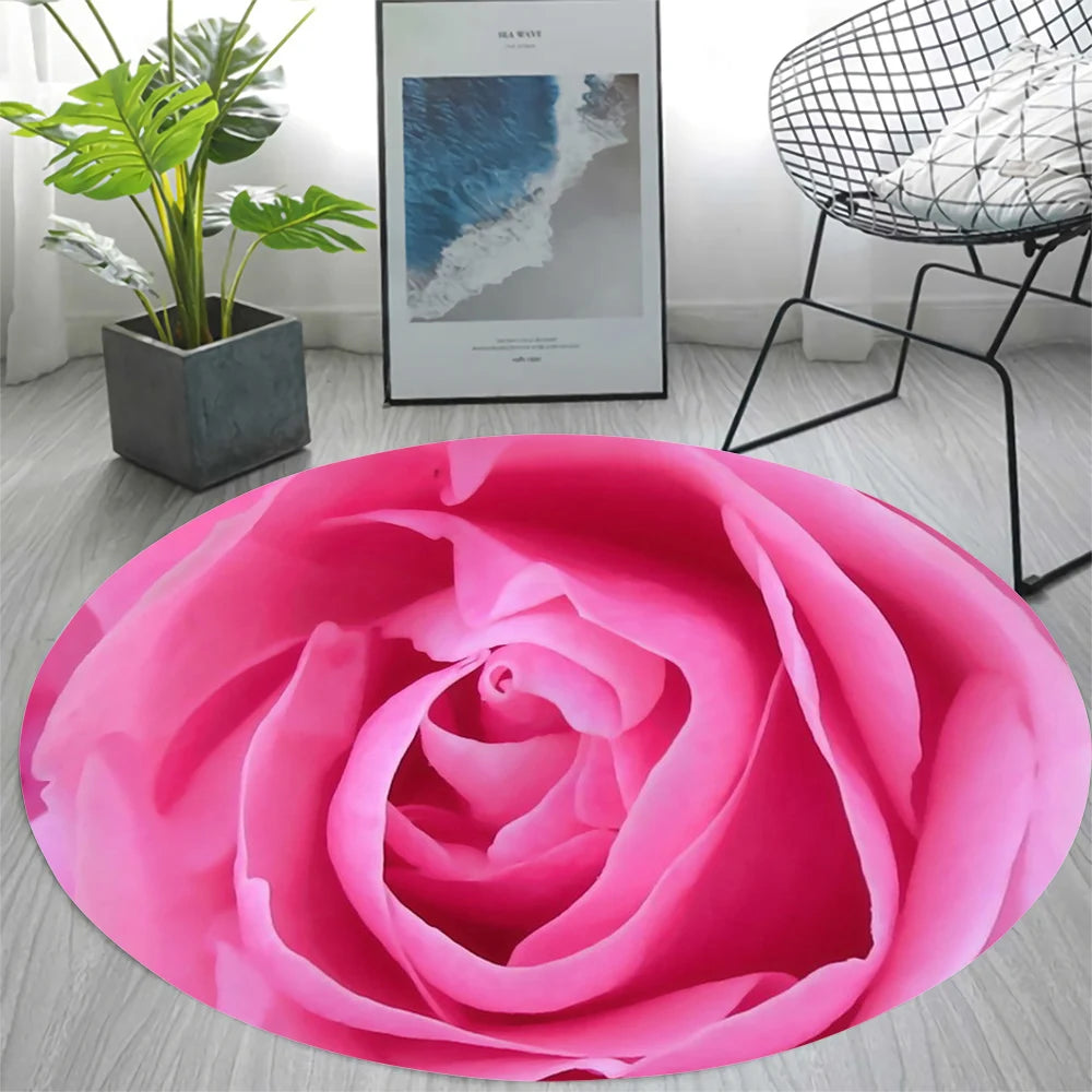 Newest Flannel Romantic Red Rose Round Area Rug for Living Room Bedroom Decor 3D Printed Carpets