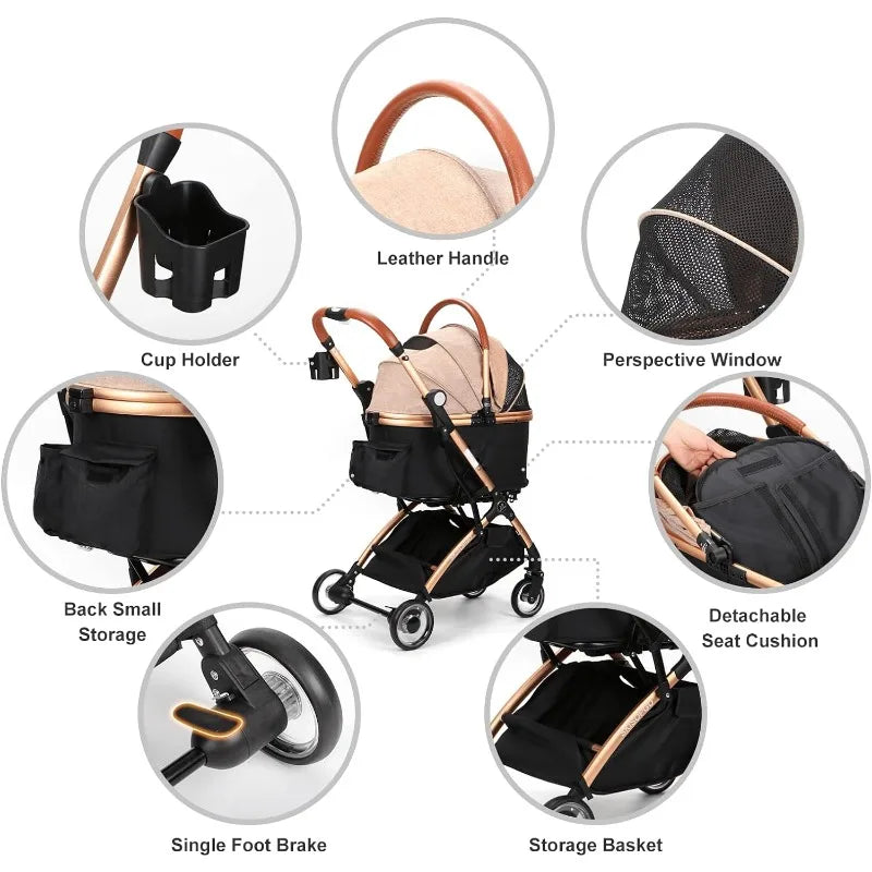 Small Medium Dogs Cats, No-Zip with Detachable Carrier, Luxury Pet Gear Stroller - My Store