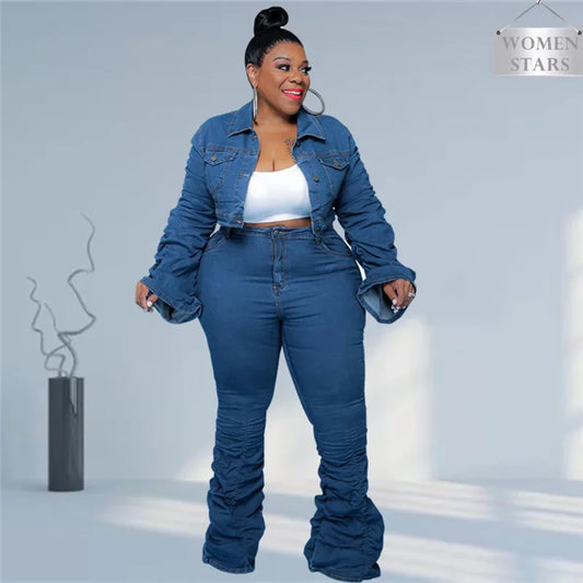 Denim Plus Size Sets Women-2 Piece Set Puff Long Sleeve Jacket-Stretch Stacked Jeans Fall Winter Clothes