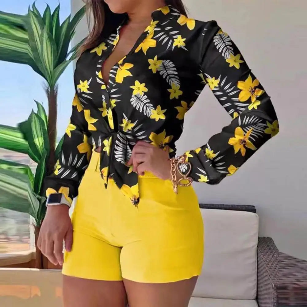 1 Set Women Blouse Shorts Suit-Printed Blouse Pure Color Shorts - My Store