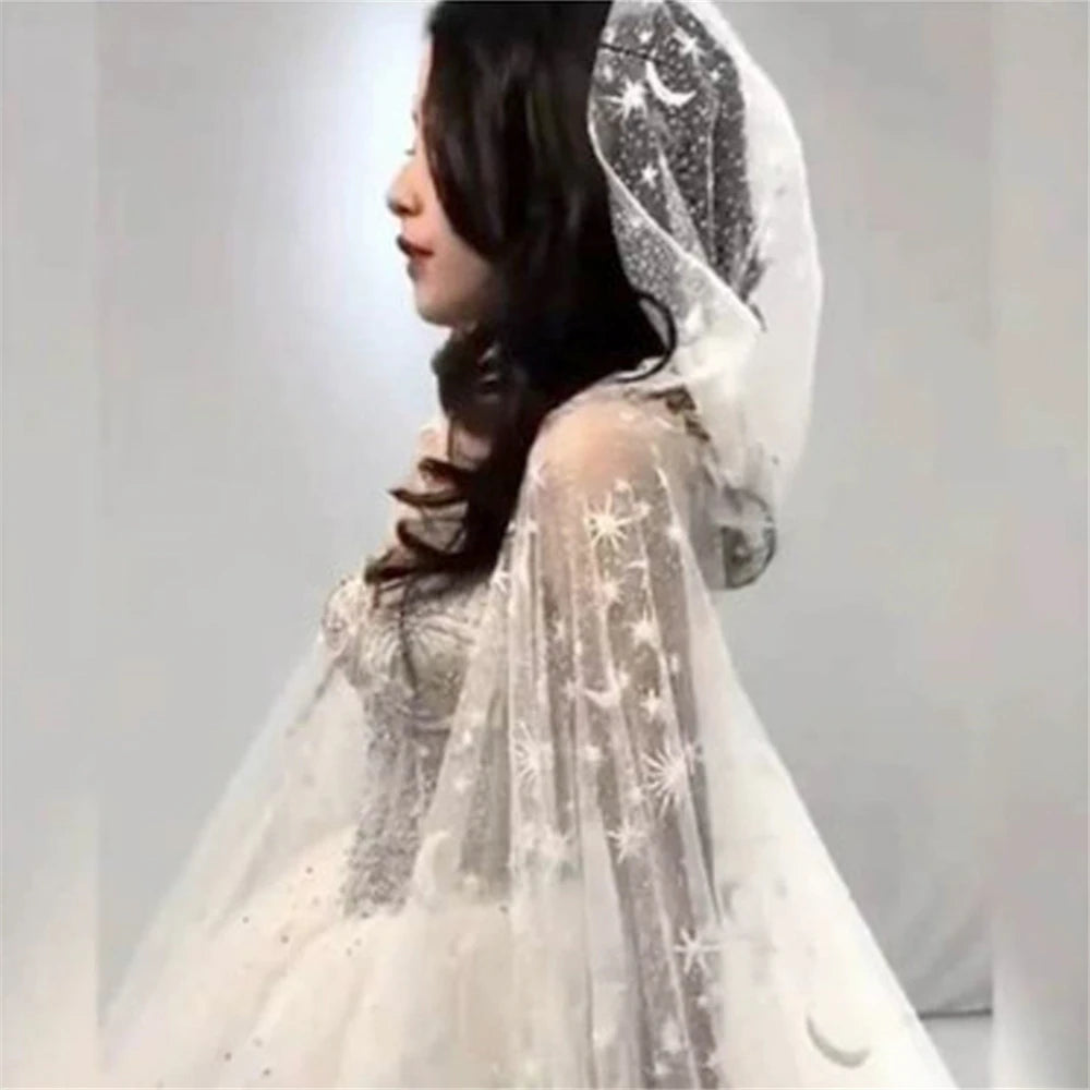 Bridal Veil Wedding Cape-White Sparkly Glittering Stars-Cathedral Sequined Shawl Hooded Veil - My Store