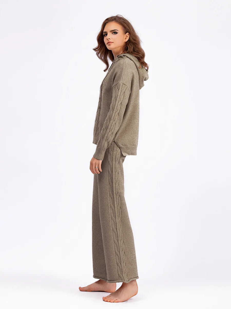 Autumn Hooded Long Sleeved Pullover Top+Wide Leg Pants Suit Women