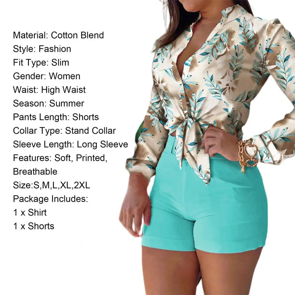 1 Set Women Blouse Shorts Suit-Printed Blouse Pure Color Shorts - My Store