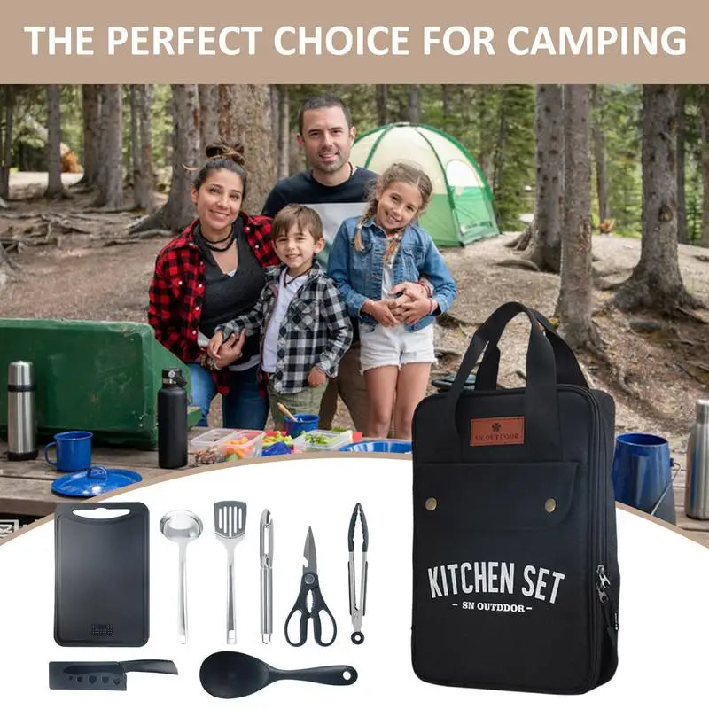 8pcs Camping Kitchen Cookware Set Portable Outdoor Travel Utensils  Stainless Steel Cooking and Grilling Set