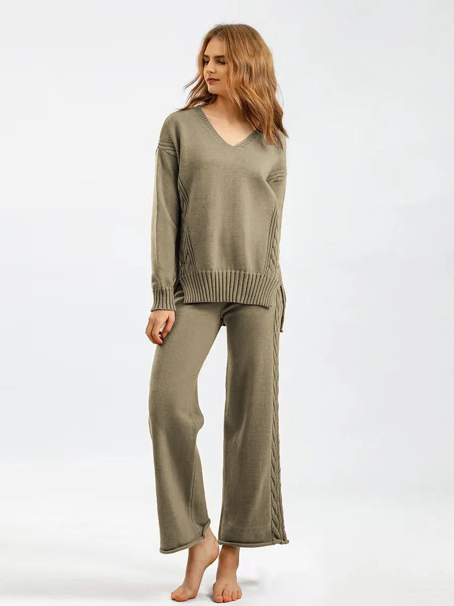 Autumn Hooded Long Sleeved Pullover Top+Wide Leg Pants Suit Women