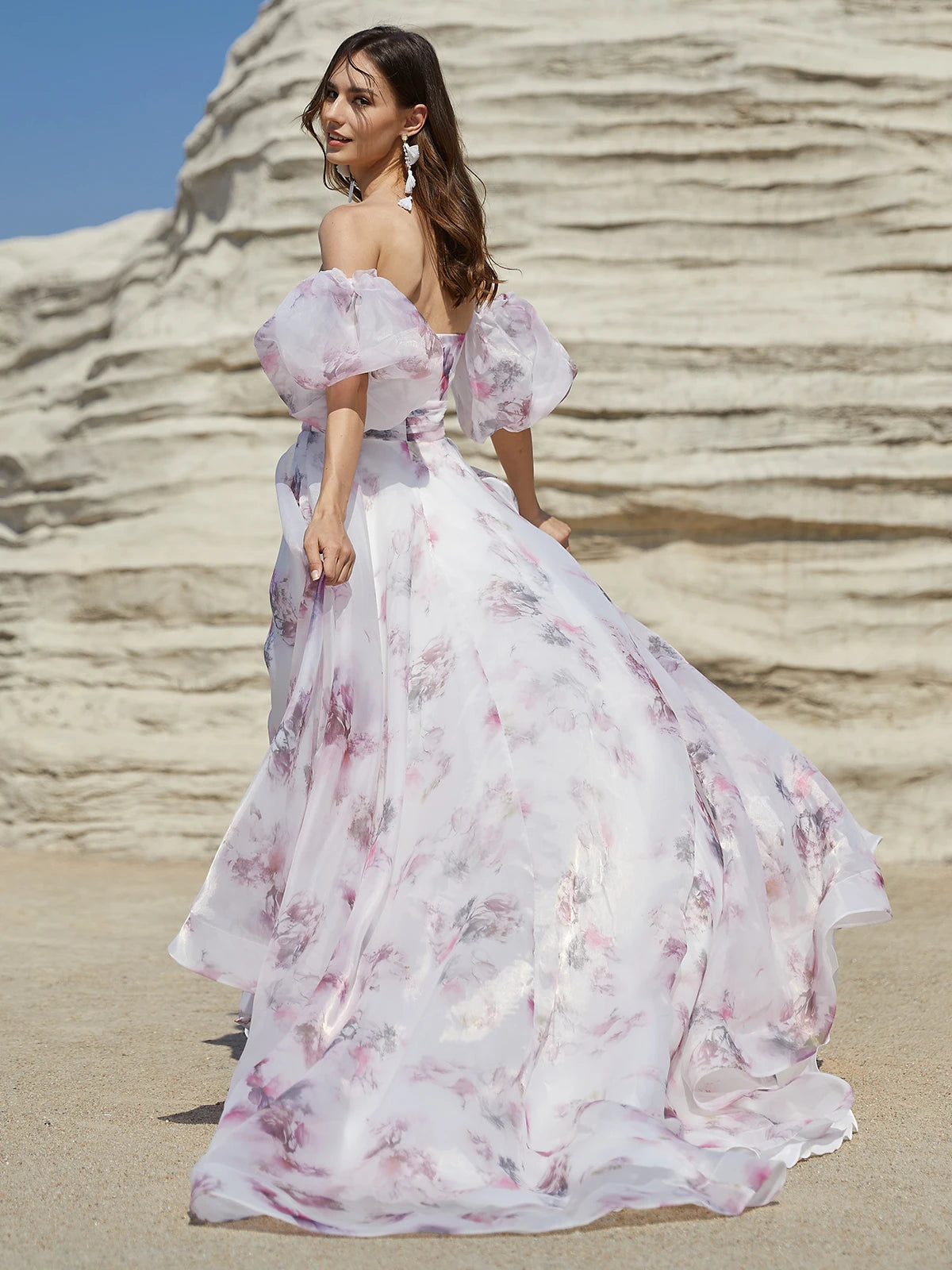 Pink Floral Wedding Dresses 2024 for Women Lace up Back with Puffy Sleeves - My Store