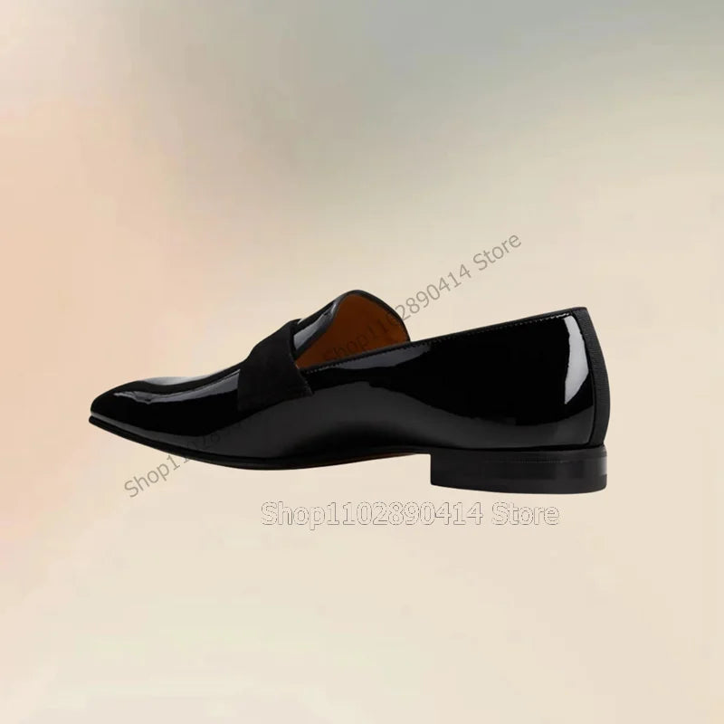 Black Patent Leather Riband Decor Loafers Slip On Men Shoes Hand Made - My Store