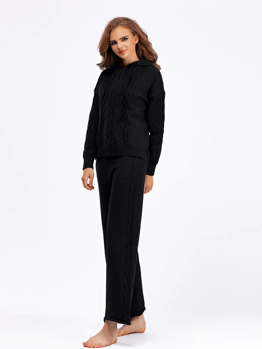 Autumn Hooded Long Sleeved Pullover Top+Wide Leg Pants Suit Women