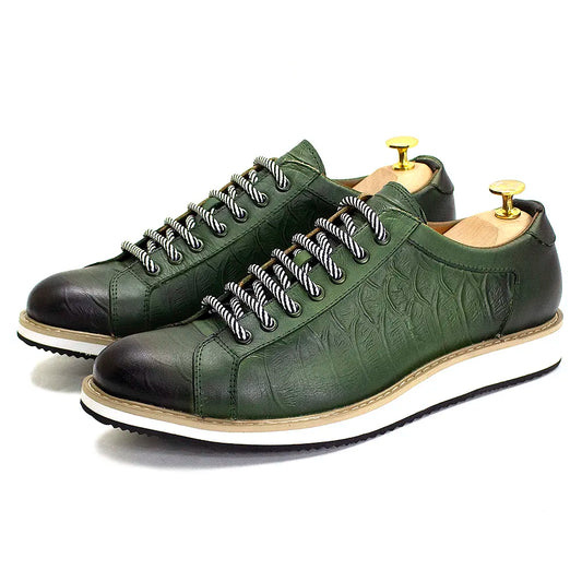 European Style Men's Casual Shoes Real Cow Leather Green Black Crocodile Print - My Store