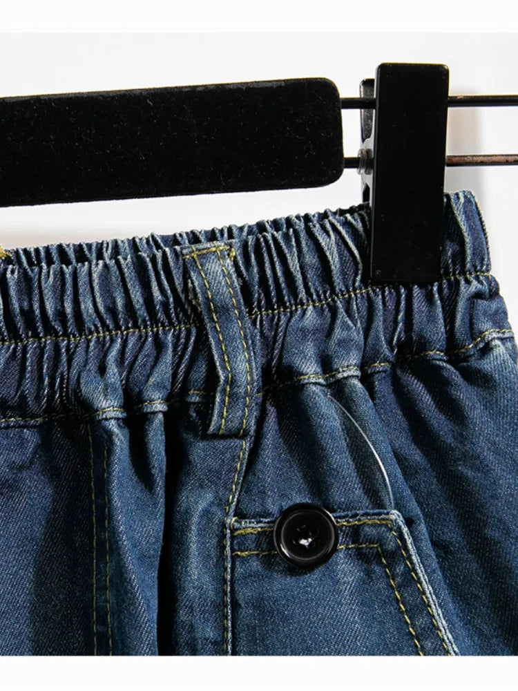 Jeans Plus Size Summer Denim Mini Short-Women Elastic High Waist-Loose Wide Leg Pleated Woman Short