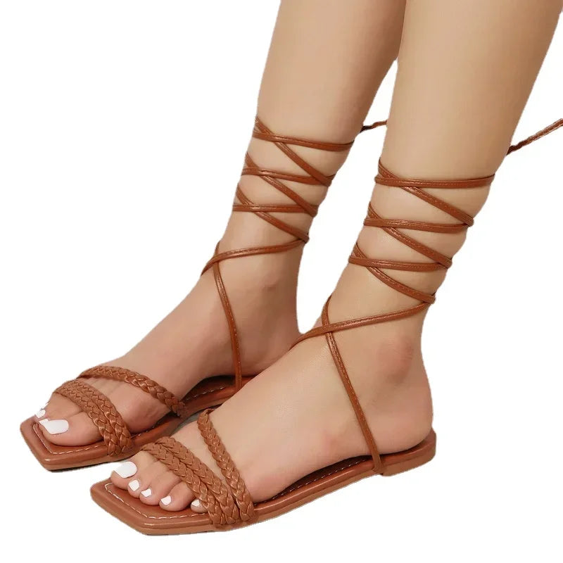 Shoes for Women 2024 Summer Fashion Open Toe Flat Sandals Sexy Solid Color Lace Up - My Store