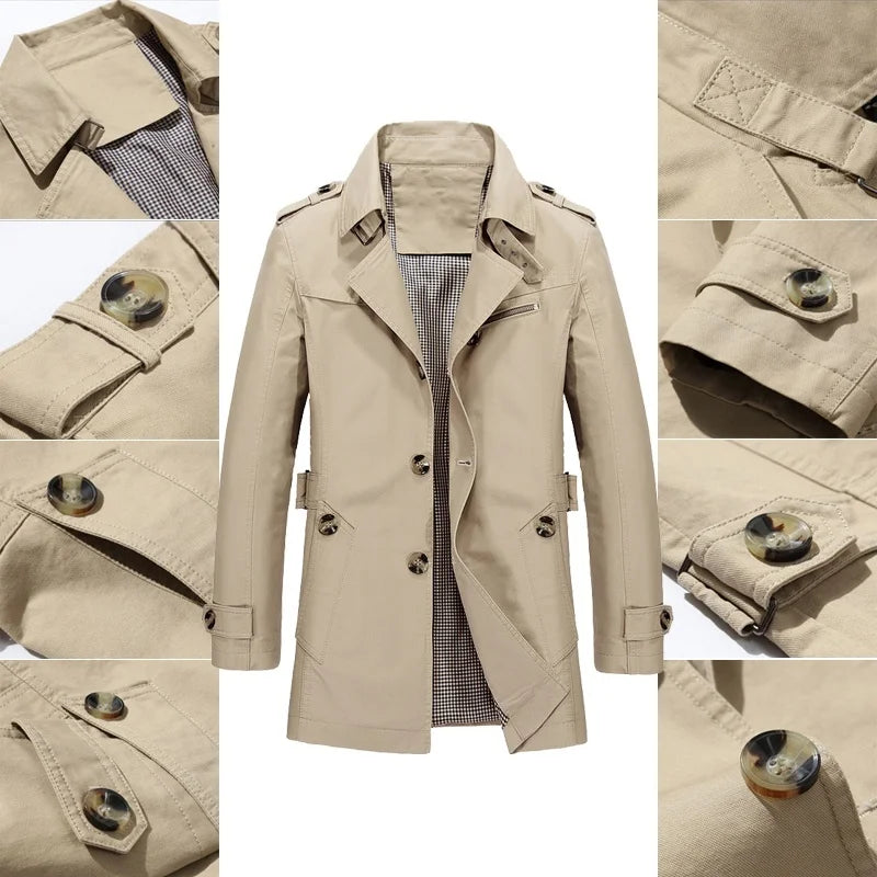 Men's Business Windbreaker Long Jackets Pure Cotton Trench Coats Casual 2024