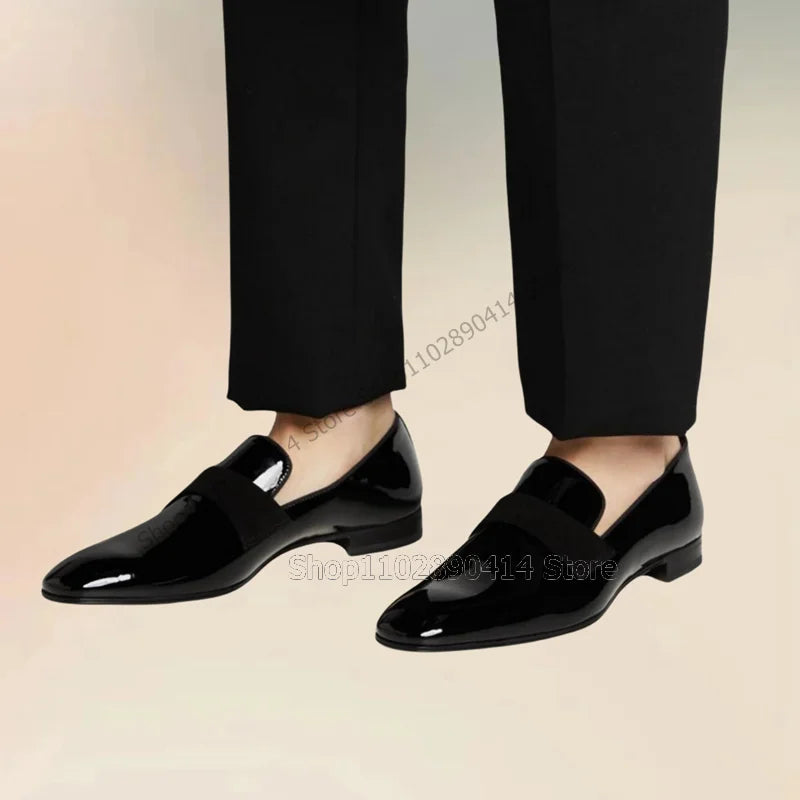 Black Patent Leather Riband Decor Loafers Slip On Men Shoes Hand Made - My Store