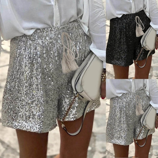 Summer Shiny Sequin Shorts Drawstring High Waist Casual Loose A Line Hot Pants Women Sparkly Club Night Party High Street Shorts