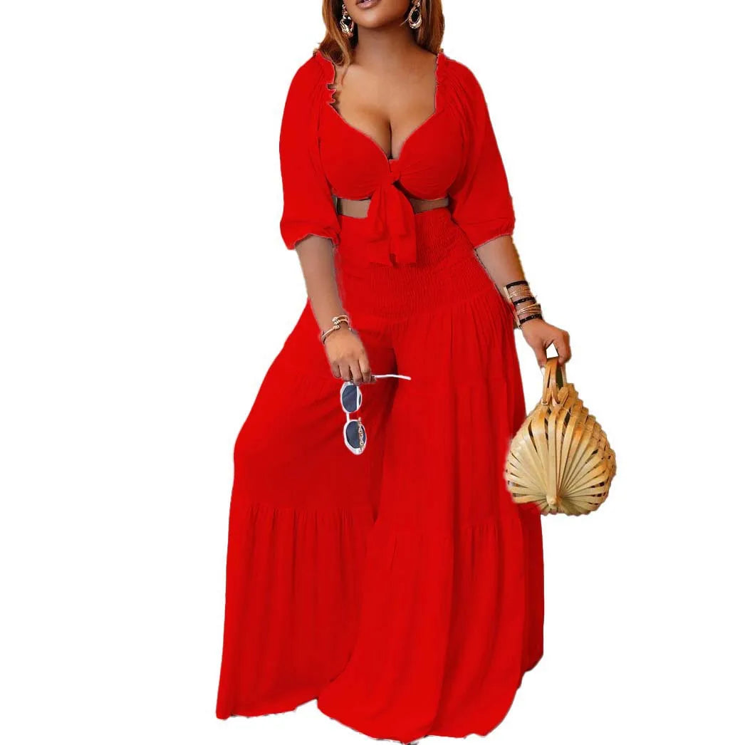 Plus Size Solid Color Women's Elegant Casual Evening Dress Wrapped In Chest Strap Top Wide Leg Pants Two-Piece Casual Set