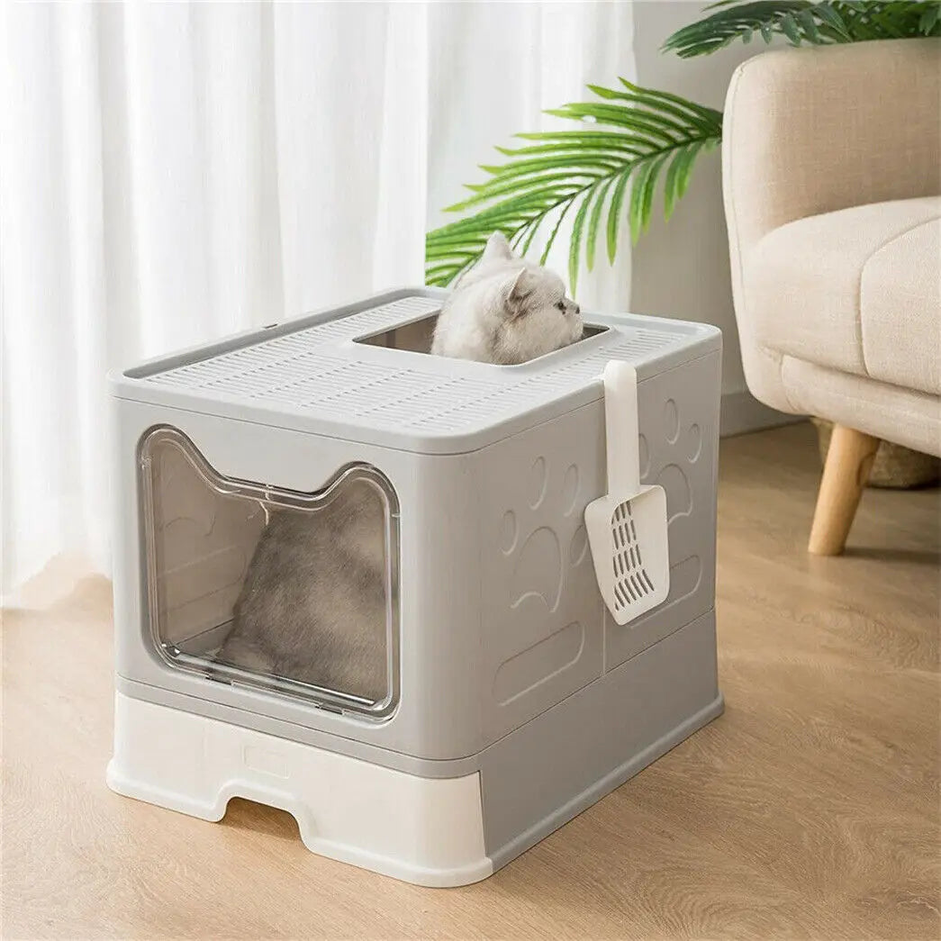 Front Entry Top Exit Cat Litter - Tray Box with Scoop and Drawer Foldable Pet Toilet Extra Large - My Store