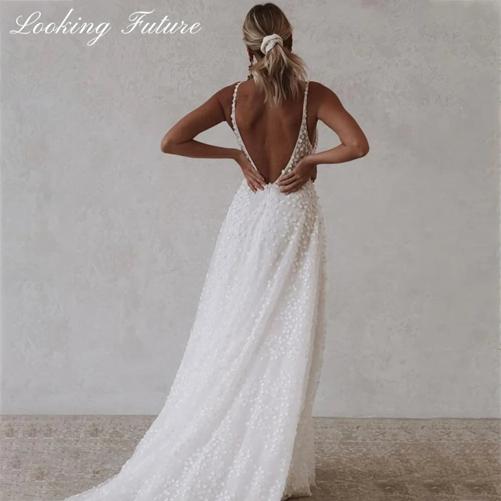 Tulle Wedding Dresse With Pocket-Deep V-Neck Spaghetti Strap Gown-Beach Open Back Sweep Train - My Store