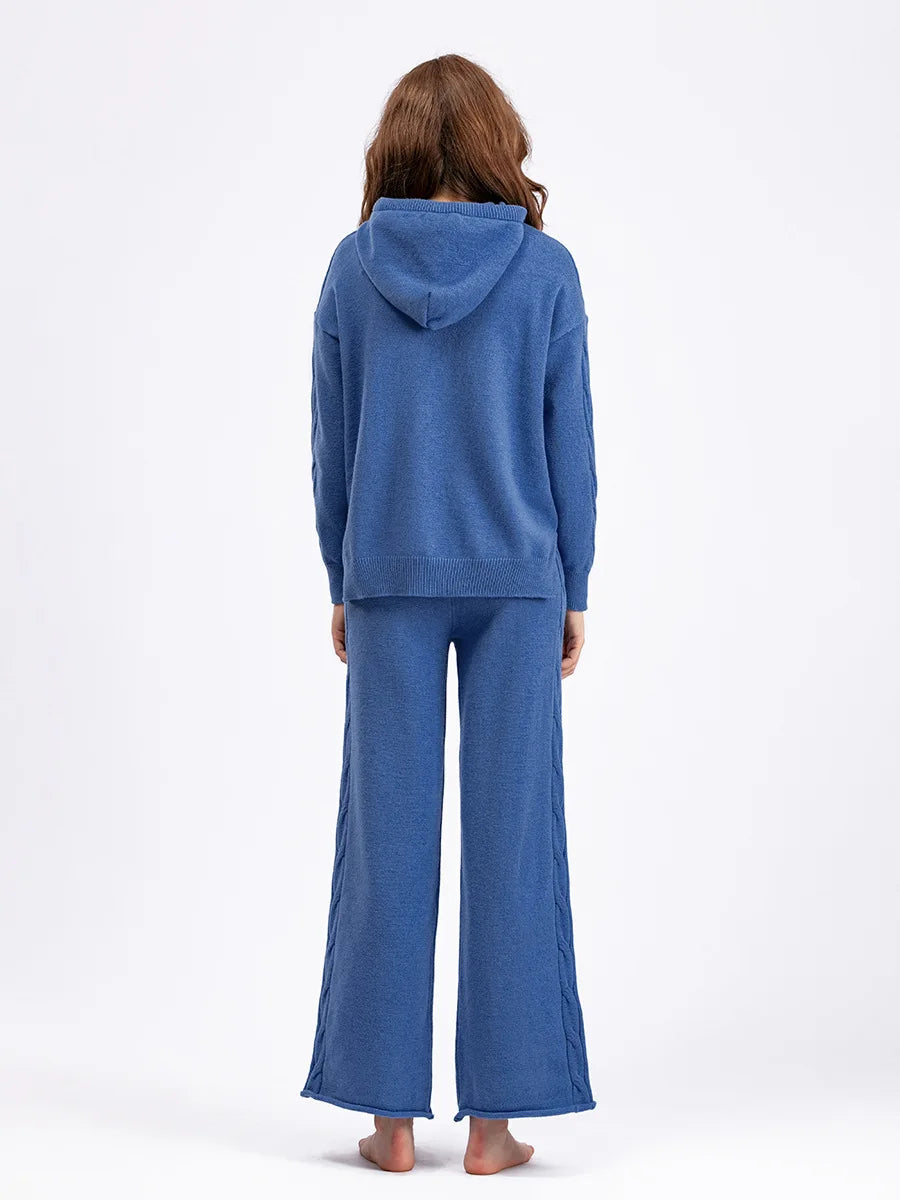 Autumn Hooded Long Sleeved Pullover Top+Wide Leg Pants Suit Women