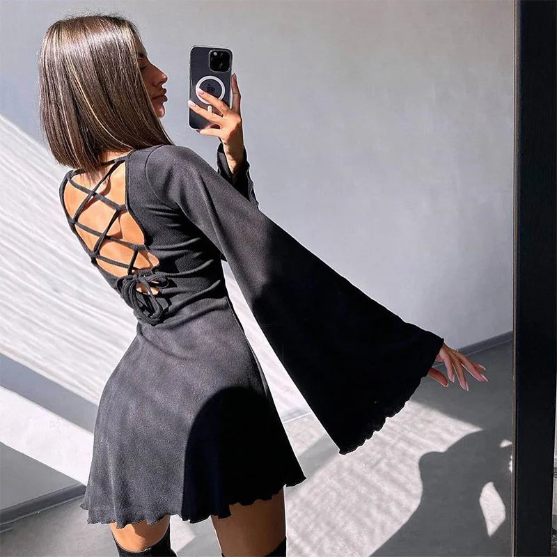 Sexy Dresses Nightclub Mini Short Party Dress Women Back Bandage O Neck A Line Flare Sleeves Autumn Vestidos Ladies Fall Robe - My Store