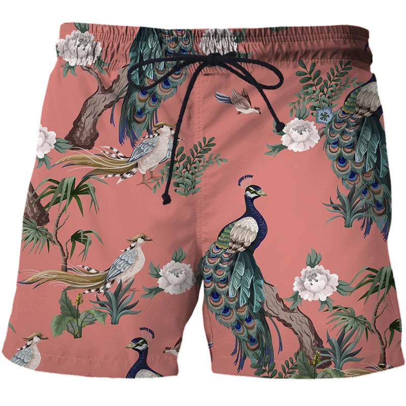 Mens Summer Beach Shorts-Beach Boxer Trunks peacock 3D Print-Casual Short Bermudas - My Store