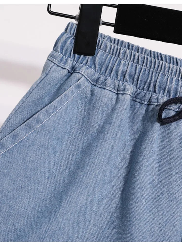 Plus Size Denim Summer Mini Elastic-High Waist Shorts Women-Wide Leg Loose Pleated Fashion Ladies