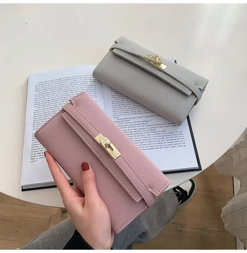 2024 Fashion Women's Wallet with Lychee Pattern and Lock Buckle-Long Wallet Luxury Cowhide-Solid Color-Card Holder Coin Purse