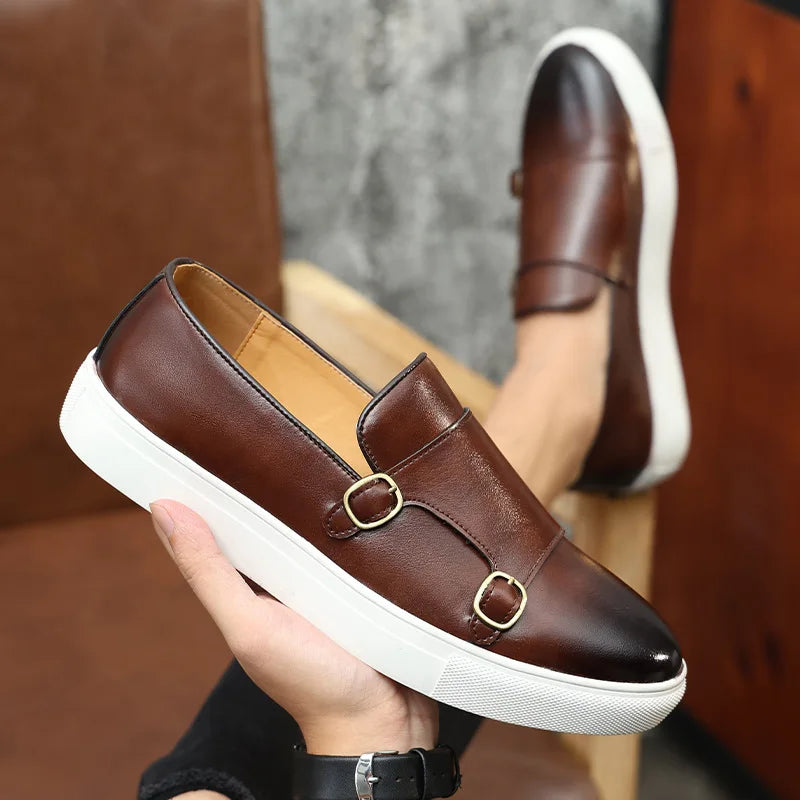 Men's Casual Shoes Leather Men's Retro British Style Loafers Slip-on Outdoor Flats Double Monk Business Daily Shoe