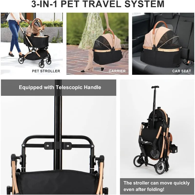 Small Medium Dogs Cats, No-Zip with Detachable Carrier, Luxury Pet Gear Stroller - My Store