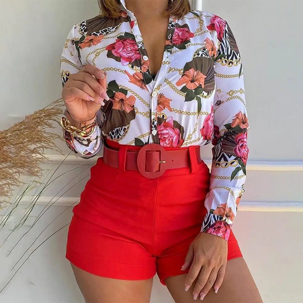 1 Set Women Blouse Shorts Suit-Printed Blouse Pure Color Shorts - My Store