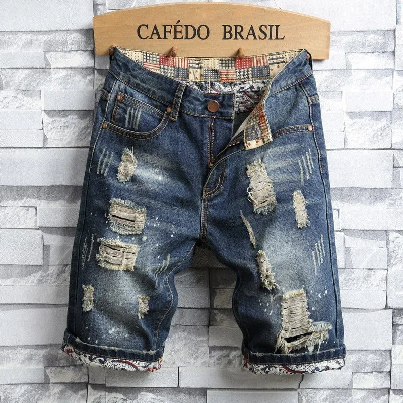 New Men Ripped Short Jeans Streetwear-Hole Straight Slim Casual Denim Shorts - My Store