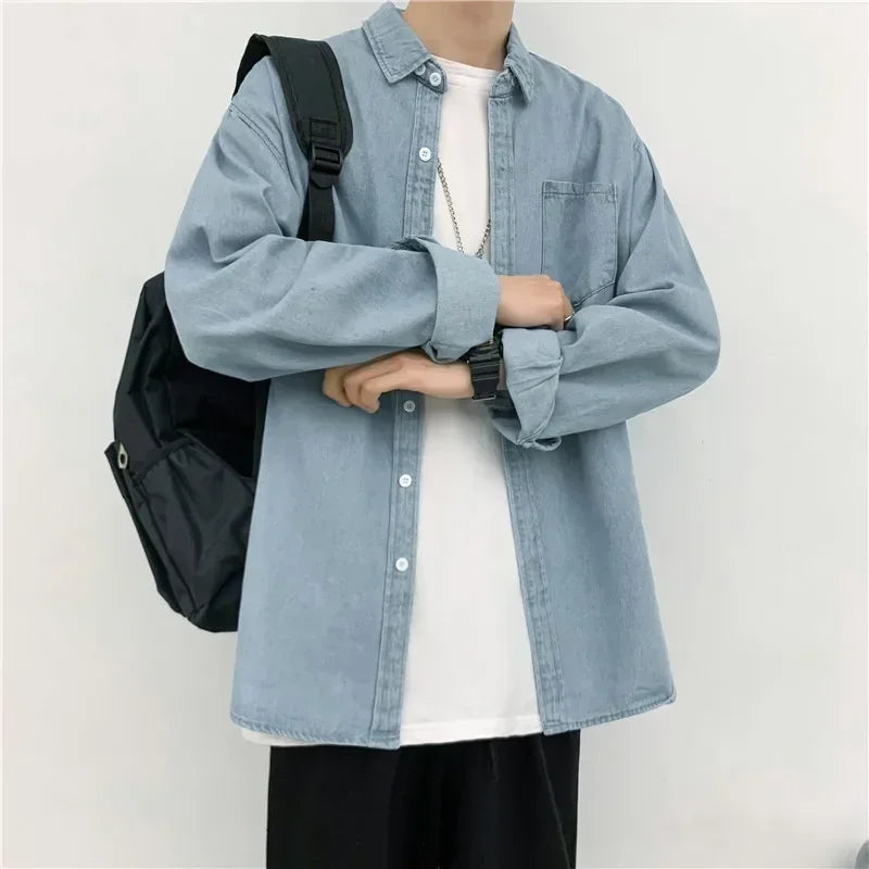 Mens Denim Shirt-Long Sleeve Tops Spring Autumn Vintage Baggy Jacket Trend Streetwear Oversized Male Clothing