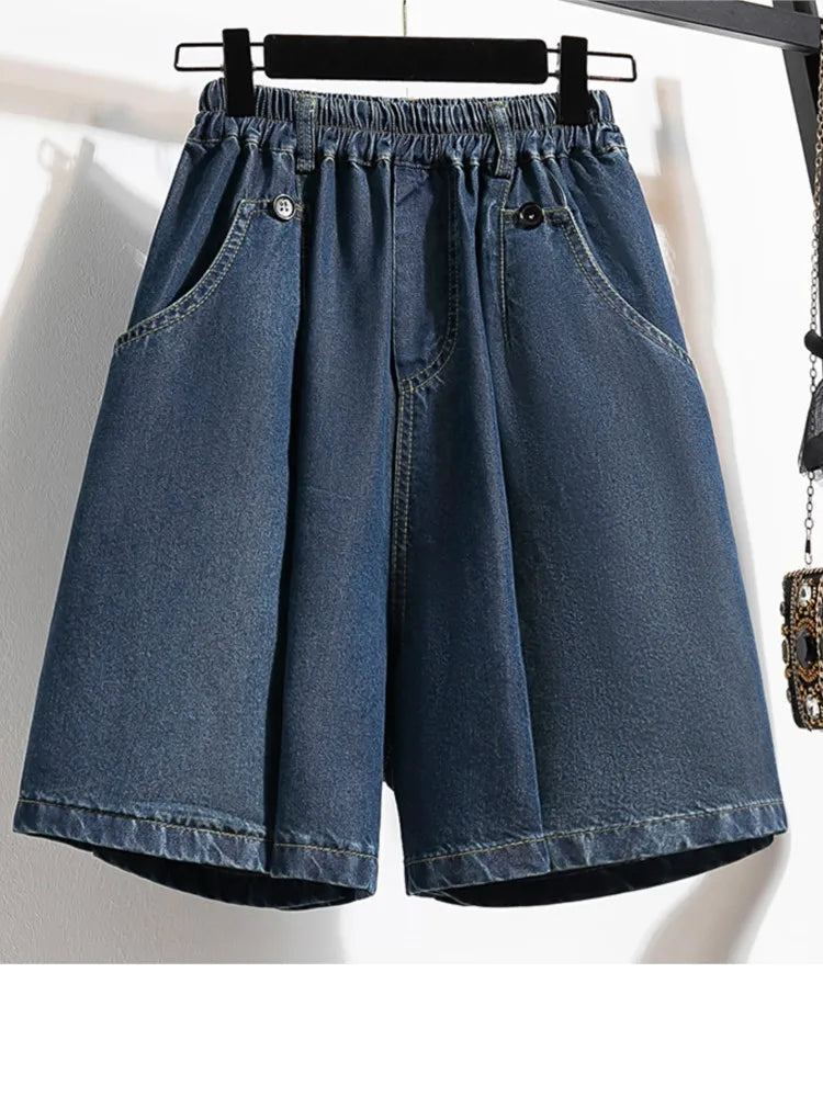 Jeans Plus Size Summer Denim Mini Short-Women Elastic High Waist-Loose Wide Leg Pleated Woman Short