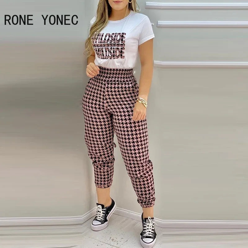 Women Houndstooth Letter Print Short Sleeve Top & Pants Set Summer Vacation Suit