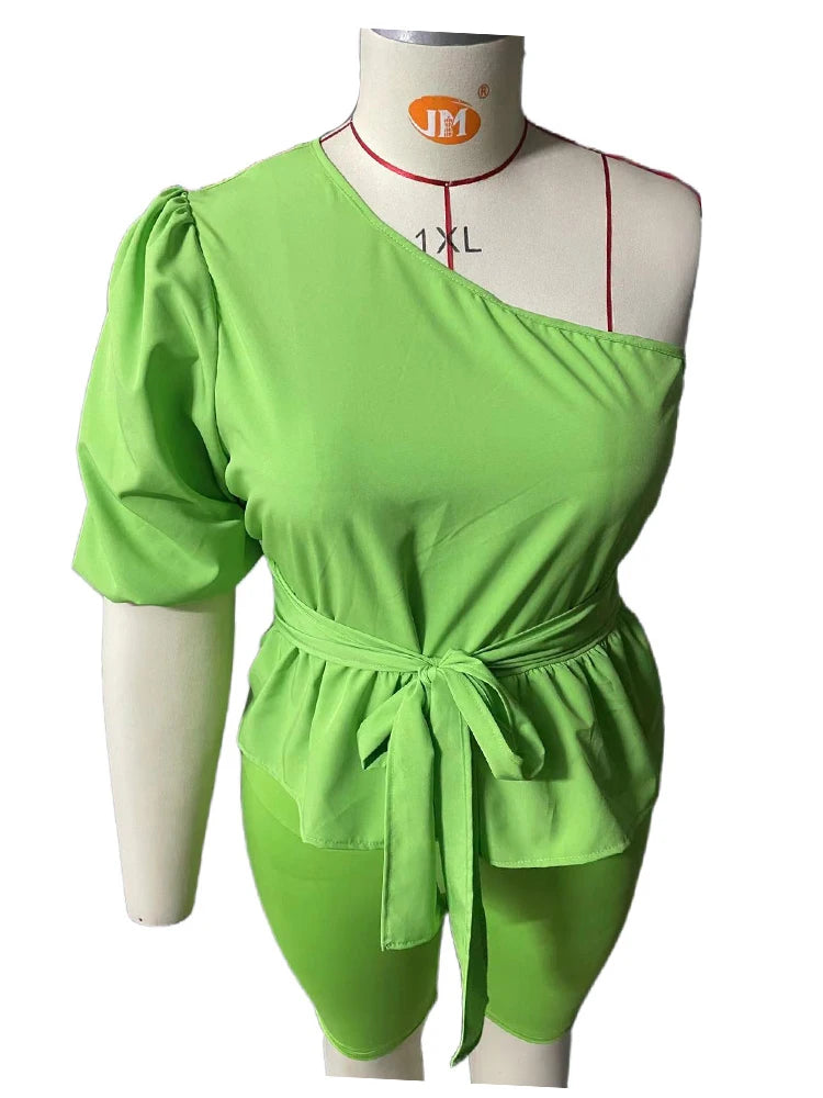 Summer Plus Size Women Clothing Two Piece Set Ruffled One Shoulder Top and Shorts Sets