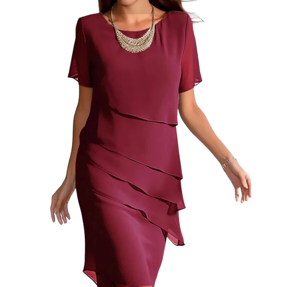 Women's Work Sheath Chiffon Dress-Midi Dress-Layered Crew Neck Short Sleeve Plain Loose Fit - My Store