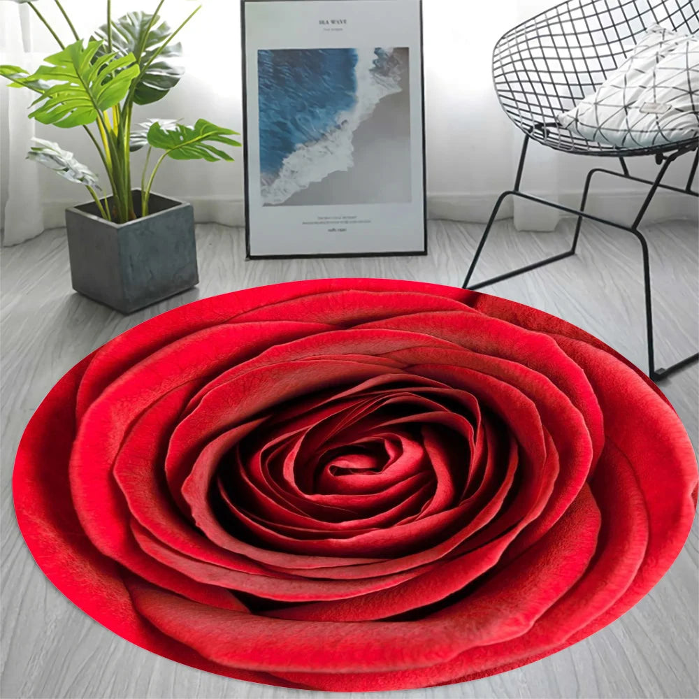 Newest Flannel Romantic Red Rose Round Area Rug for Living Room Bedroom Decor 3D Printed Carpets