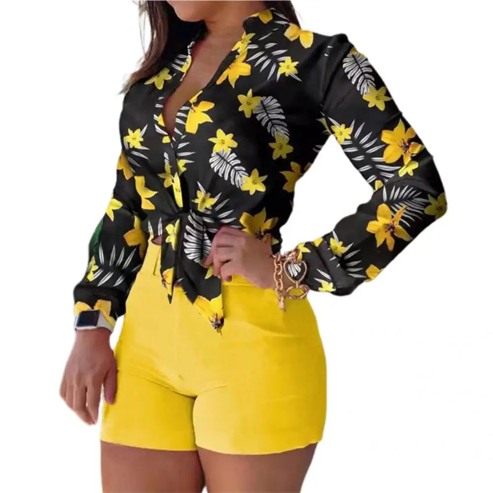 1 Set Women Blouse Shorts Suit-Printed Blouse Pure Color Shorts - My Store