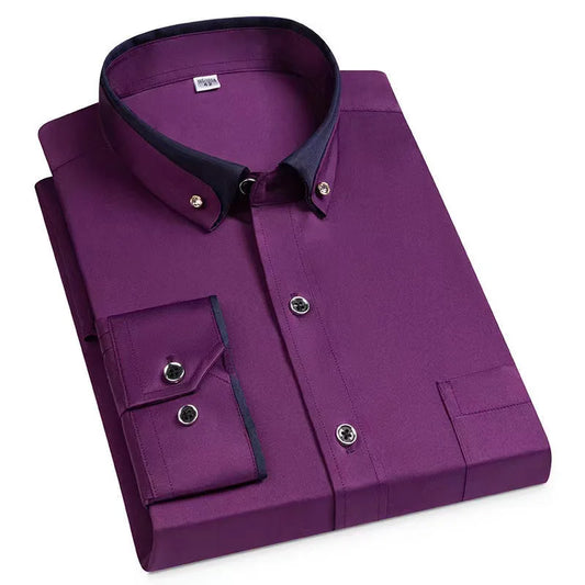 Men's Long-sleeved Shirts-Iron free-Elastic Crystal Button Collar-Polyester-Business Casual Shirts - My Store