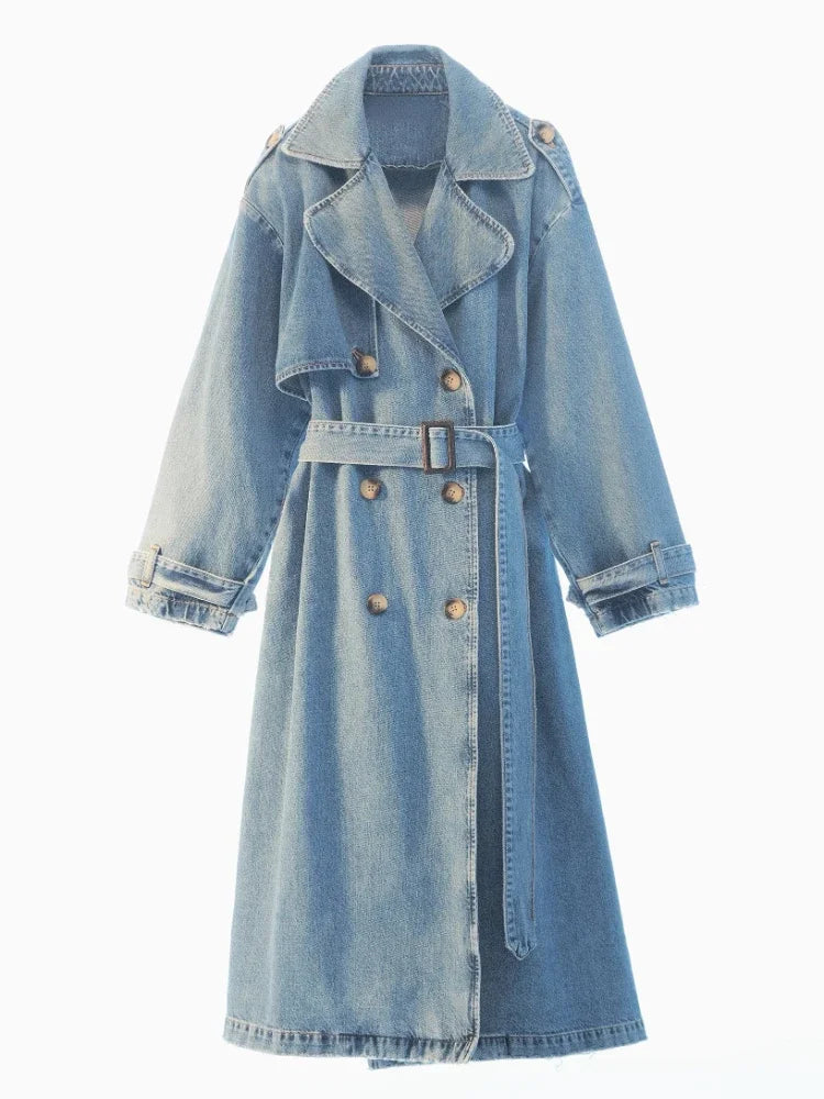 X-Long Denim Trench Coats For Women-Belt On Waist-Slim Jean Coats-Blue Jean Jacket Woman - My Store