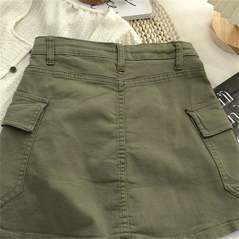 Plus Size Pockets Lace-Up Vintage Denim Skirt Summer Loose Casual Solid Mini Skirts Spring