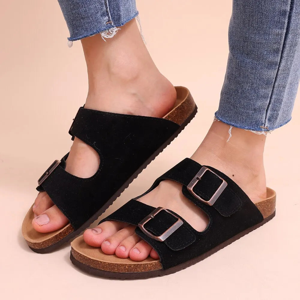 Women's Cork Footbed Sandals Fashion Ankle-Strap Suede Slippers - My Store