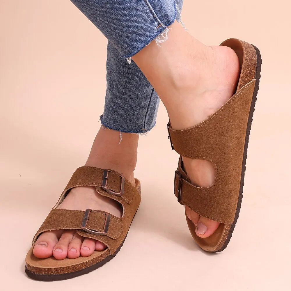 Women's Cork Footbed Sandals Fashion Ankle-Strap Suede Slippers - My Store