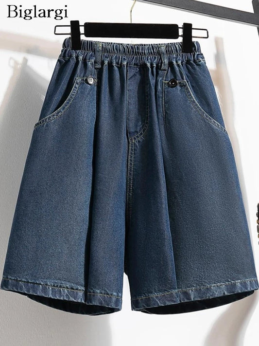 Jeans Plus Size Summer Denim Mini Short-Women Elastic High Waist-Loose Wide Leg Pleated Woman Short