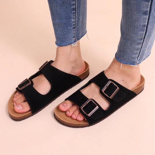 Women's Cork Footbed Sandals Fashion Ankle-Strap Suede Slippers - My Store