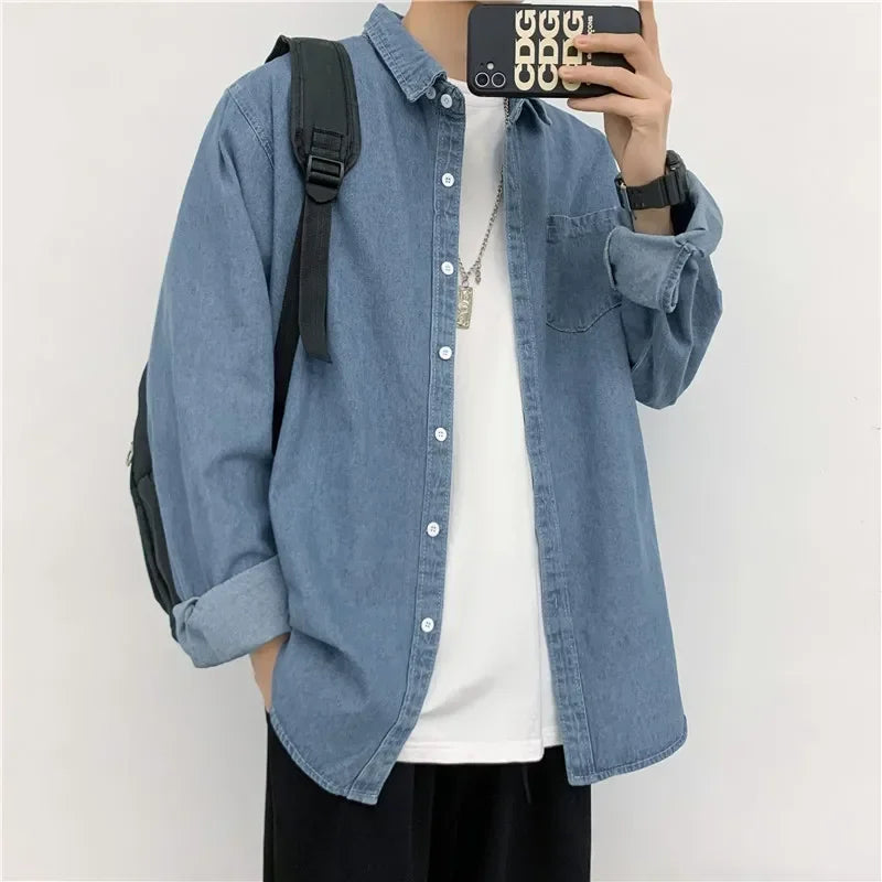 Mens Denim Shirt-Long Sleeve Tops Spring Autumn Vintage Baggy Jacket Trend Streetwear Oversized Male Clothing